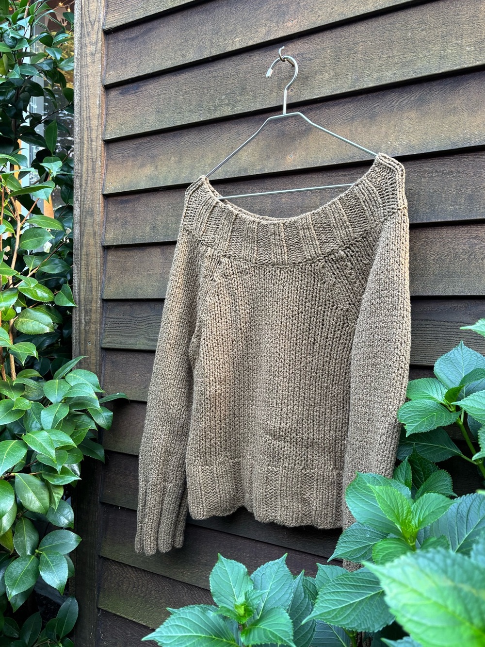 Free People Olive Off-the-Shoulder Chunky Knit Sweater